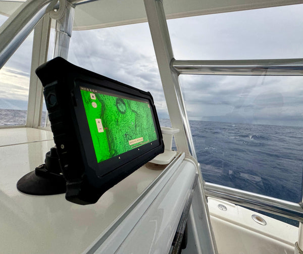 Hydros 7 Marine Android Tablet suction mount on boat miami sword grounds