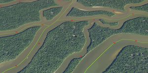 Aerial 3D satellite view of winding mangrove waterways, showcasing SpotOn Fishing's community fishing tracks and navigation routes.