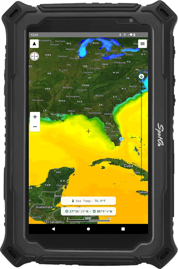 Hydros 7 rugged marine tablet displaying daily updated sea surface temperature data in the SpotOn Fishing app for optimal fishing conditions.