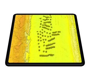 SpotOn Fishing app displaying high-resolution 3D structure shaded relief on an iPad for precise fishing navigation.