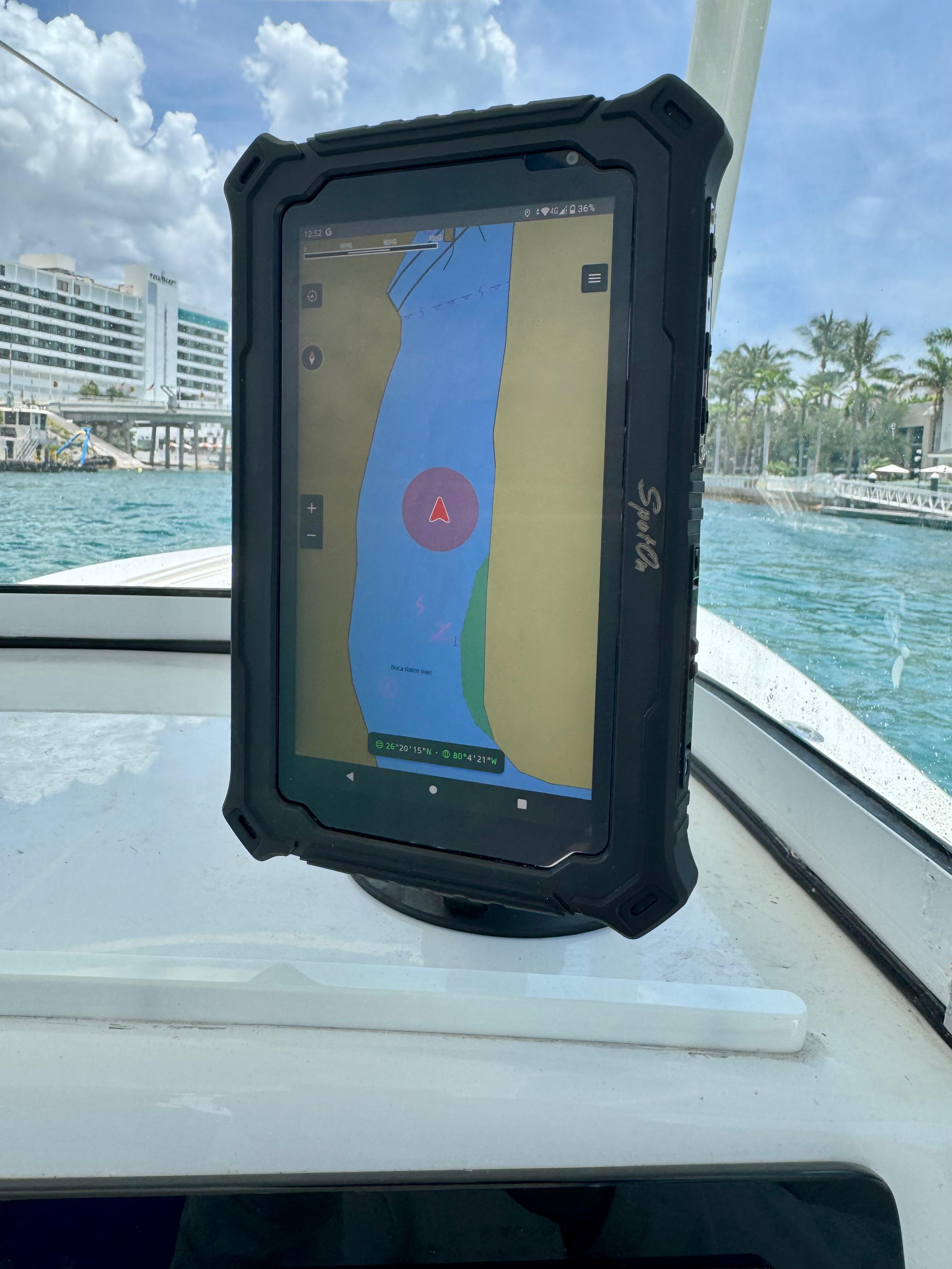 Hydros 7 Mounted On Center Console Boat With NOAA Government Nautical Chart
