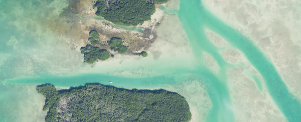 Aerial satellite view of shallow water channels and mangrove islands, ideal for marine navigation and fishing exploration with SpotOn Fishing maps.